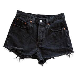 501 Levis Original Shorts Black Frayed Hem Button Fly 26” Waist, Inseam 2”